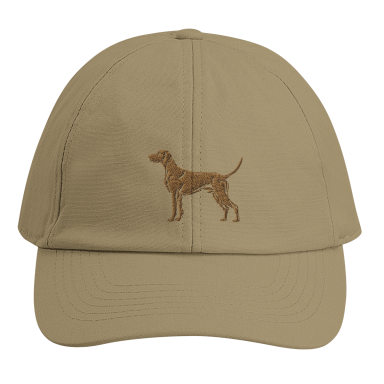 Beige Kappe mit gesticktem Hundemotiv auf der Vorderseite.